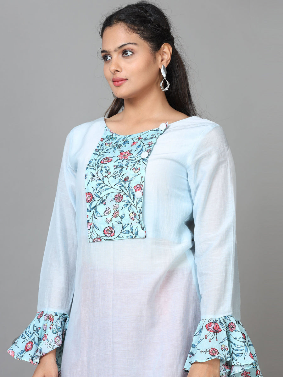 Sky Blue Full Sleeve Cotton Printed Straight Calf Length Kurta