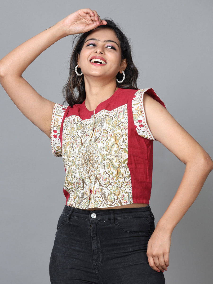 Red Sleeveless Cotton Printed Western Short Length Top