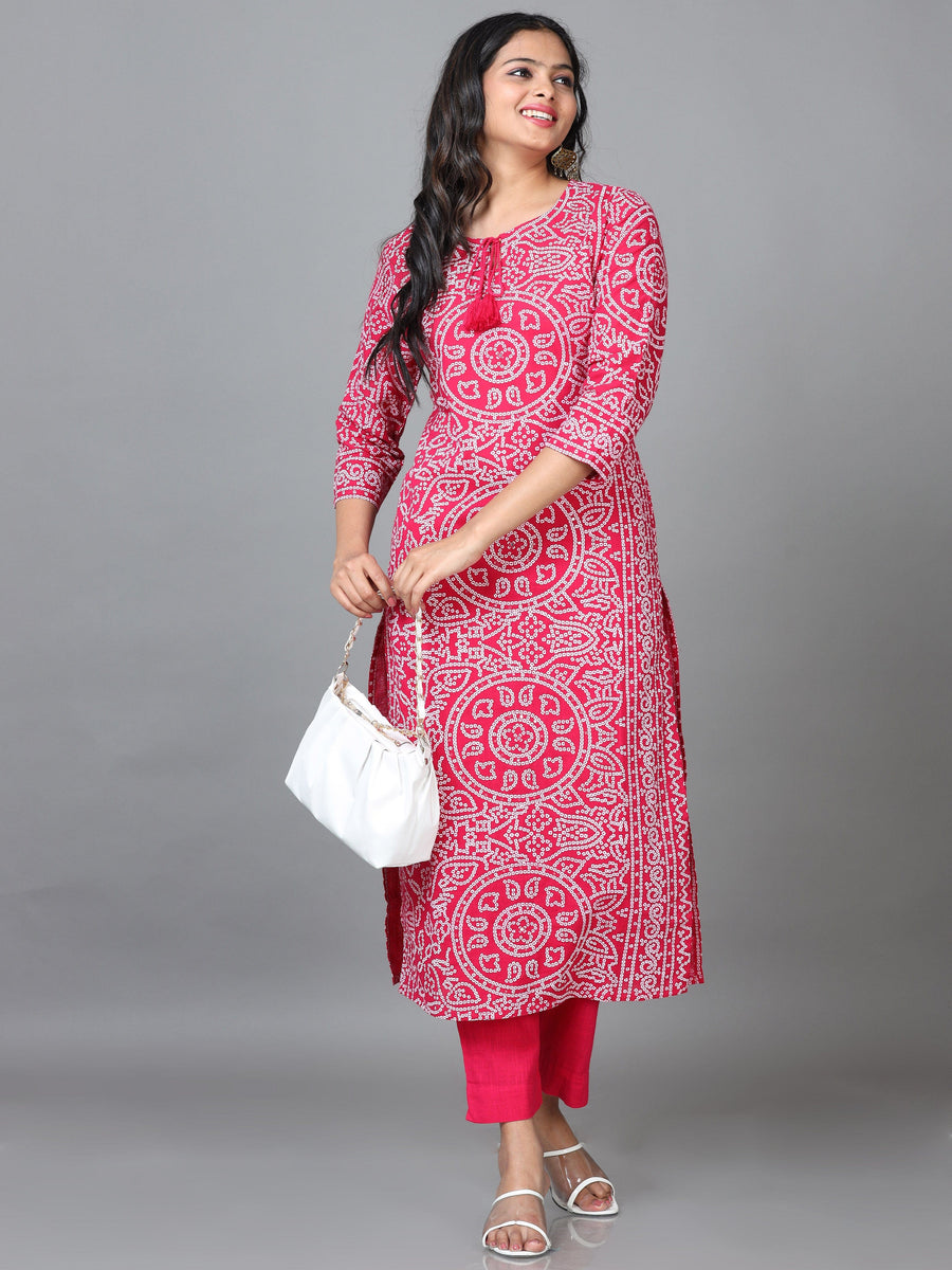 Pink 3/4 Sleeve Cotton Printed Straight calf-long Kurta Set