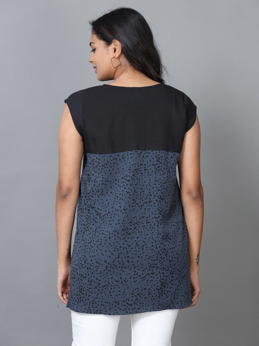 Black Sleeveless Crepe Printed Western Standard Length Top