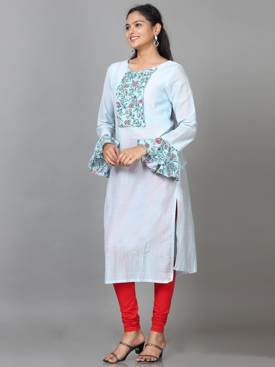 Sky Blue Full Sleeve Cotton Printed Straight Calf Length Kurta