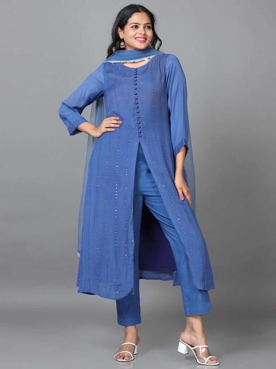 Dark Blue 3/4 Sleeve Rayon Solid A-Line calf-long Salwar Suit