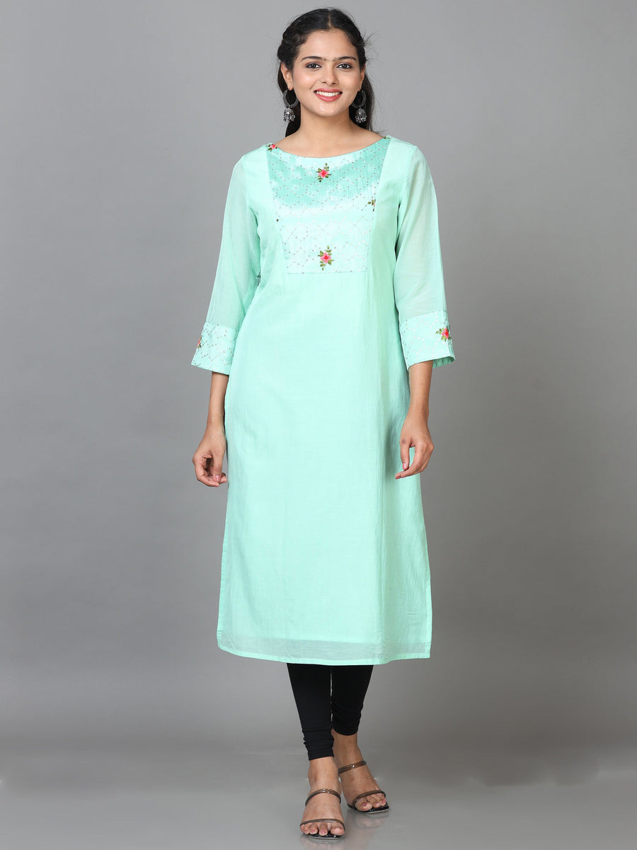 Mint Green 3/4 Sleeve Cotton Embroidered Straight Calf Length Kurta