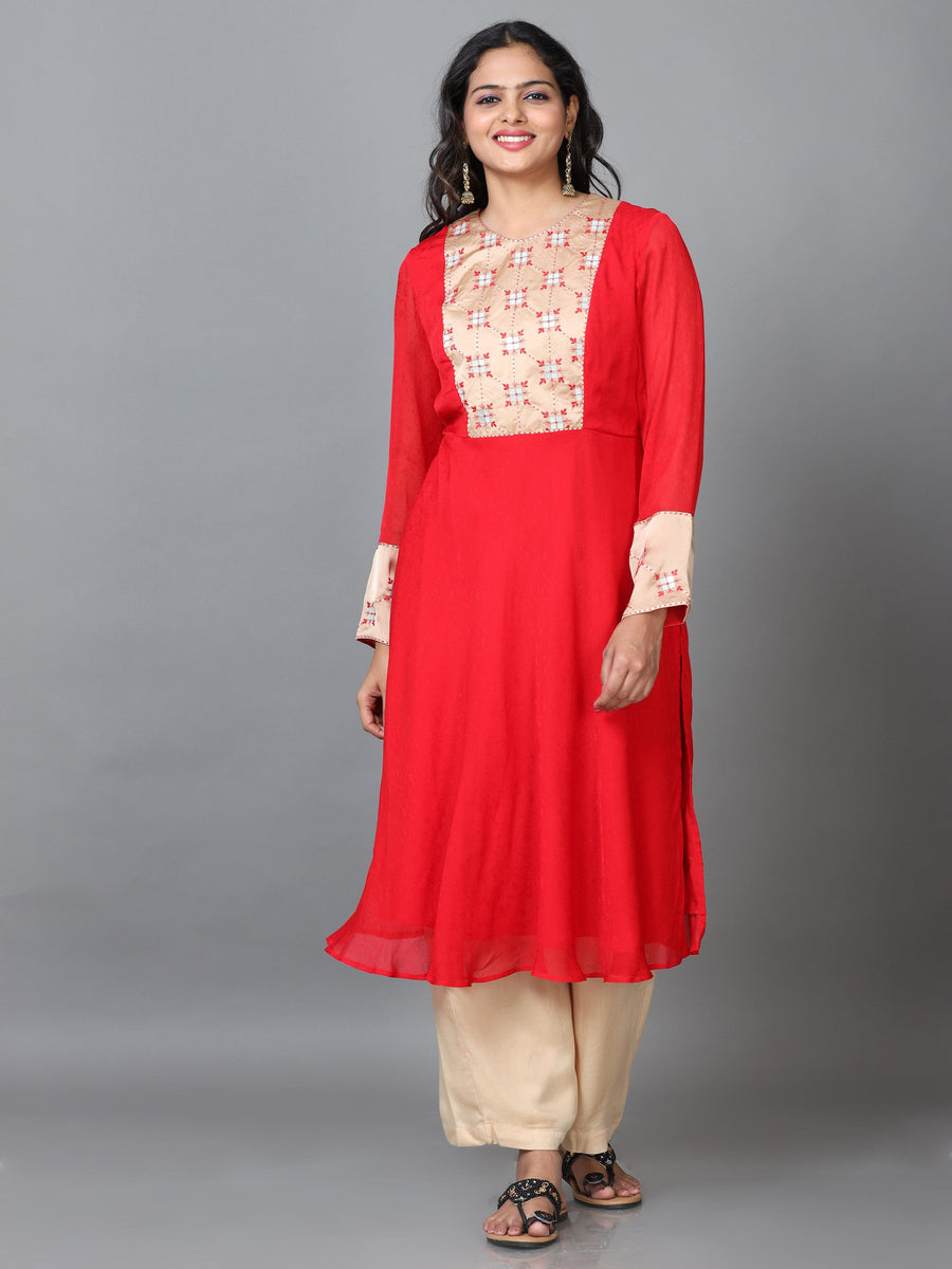 Red Full Sleeve Chiffon Solid A-Line calf-long Kurta Set