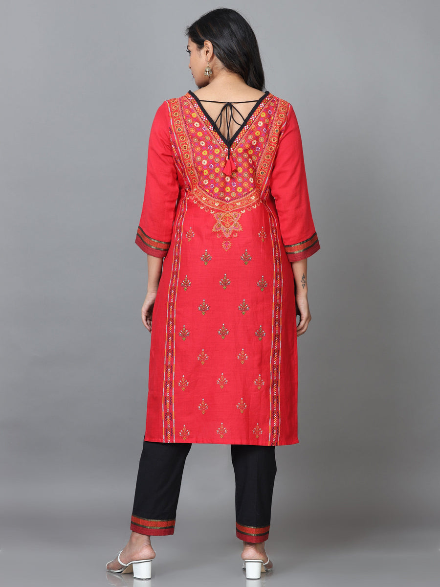 Red 3/4 Sleeve Cotton Floral Printed Straight calf-long Salwar Suit