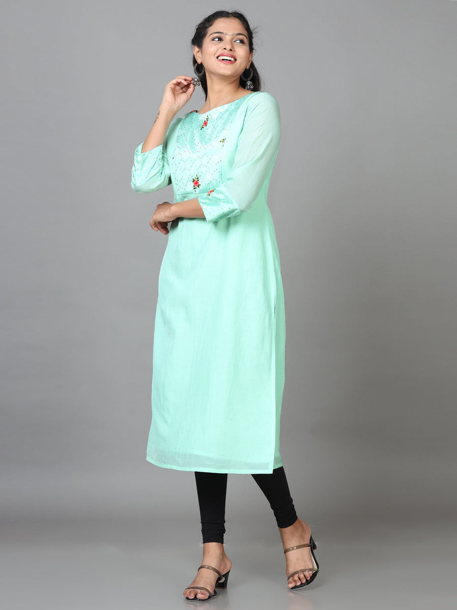 Mint Green 3/4 Sleeve Cotton Embroidered Straight Calf Length Kurta