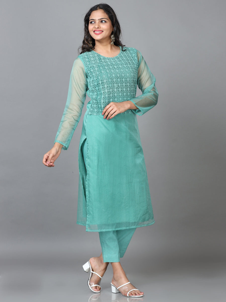 Green 3/4 Sleeve Organza Solid Straight calf-long Kurta Set