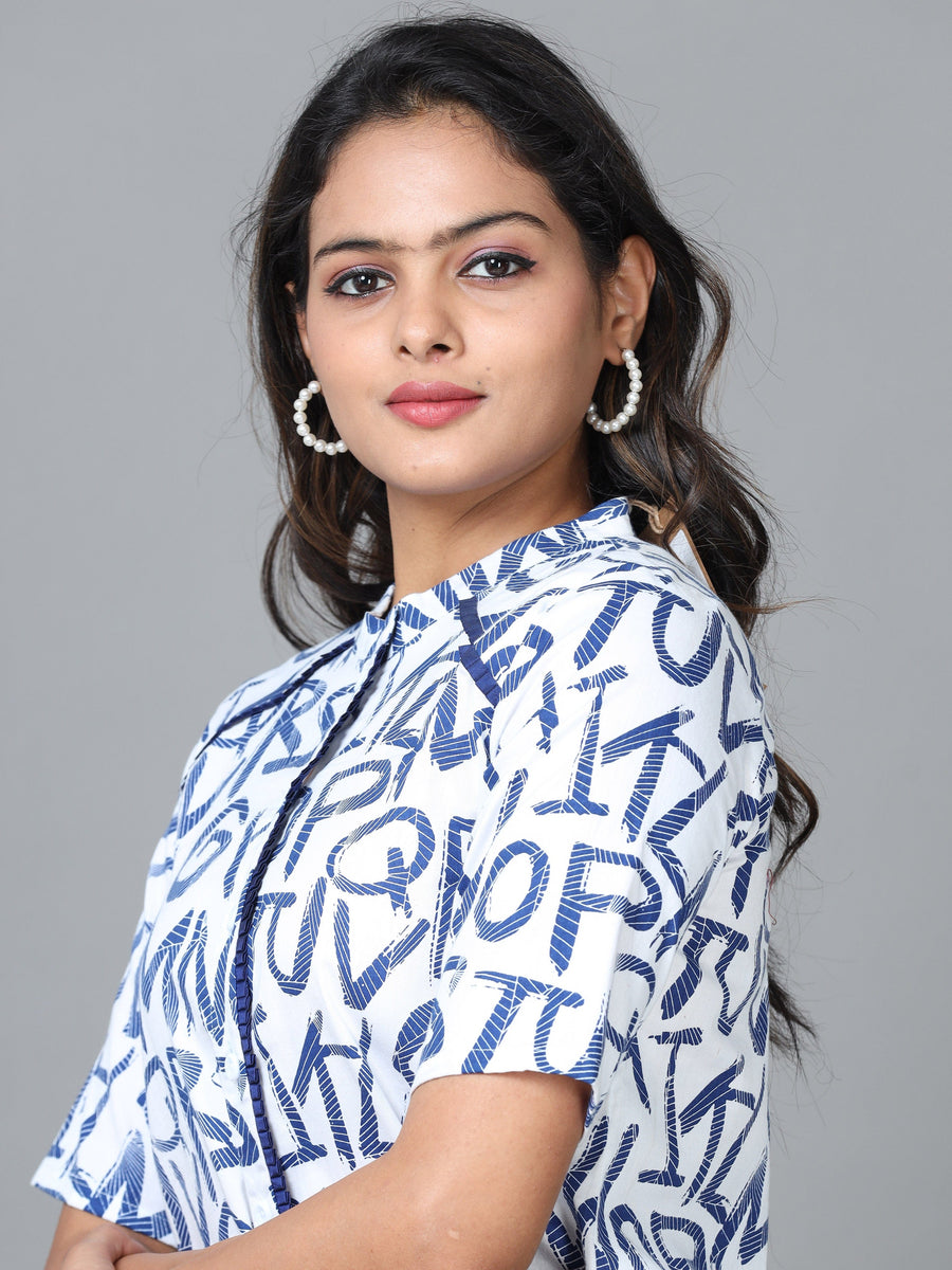 White Half Sleeve Cotton Printed Western Short Length Top