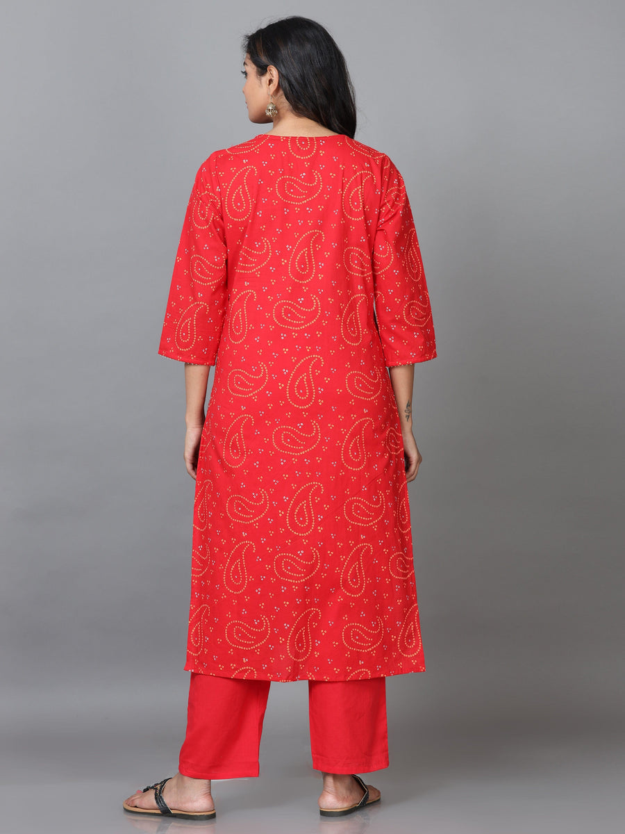 Red 3/4 Sleeve Cotton Printed Straight calf-long Salwar Suit