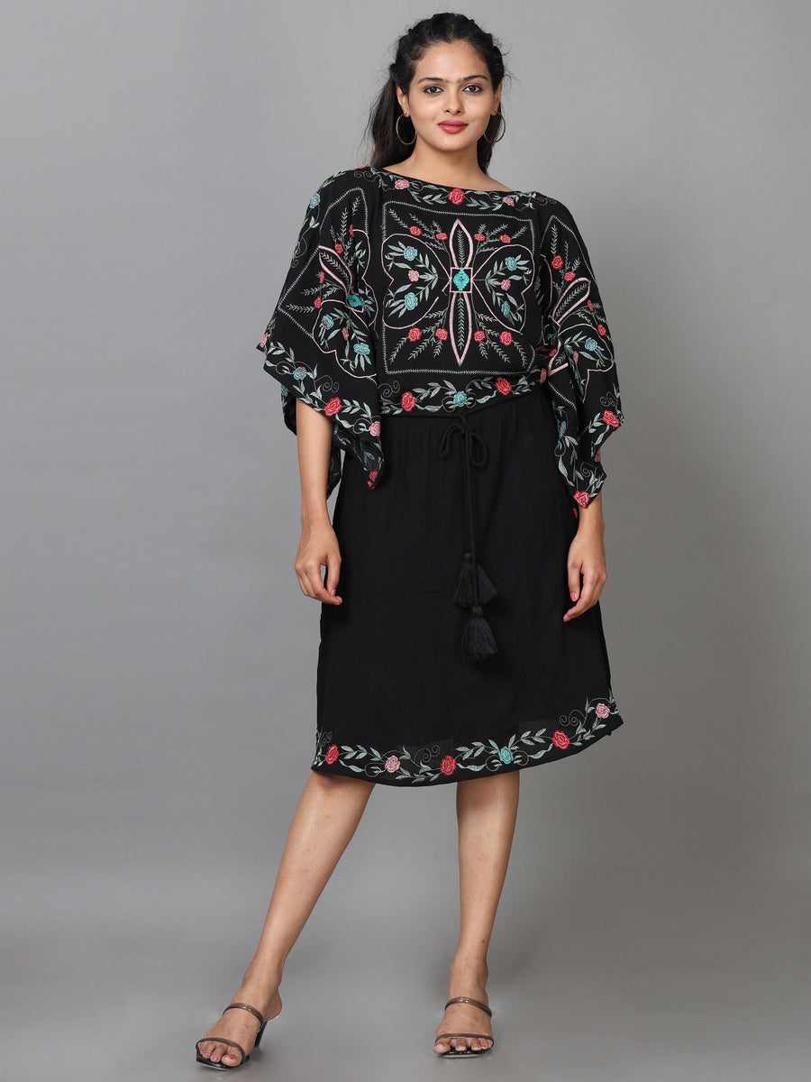 Black Half Sleeve Rayon Embroidered Kaftan Midi Dress