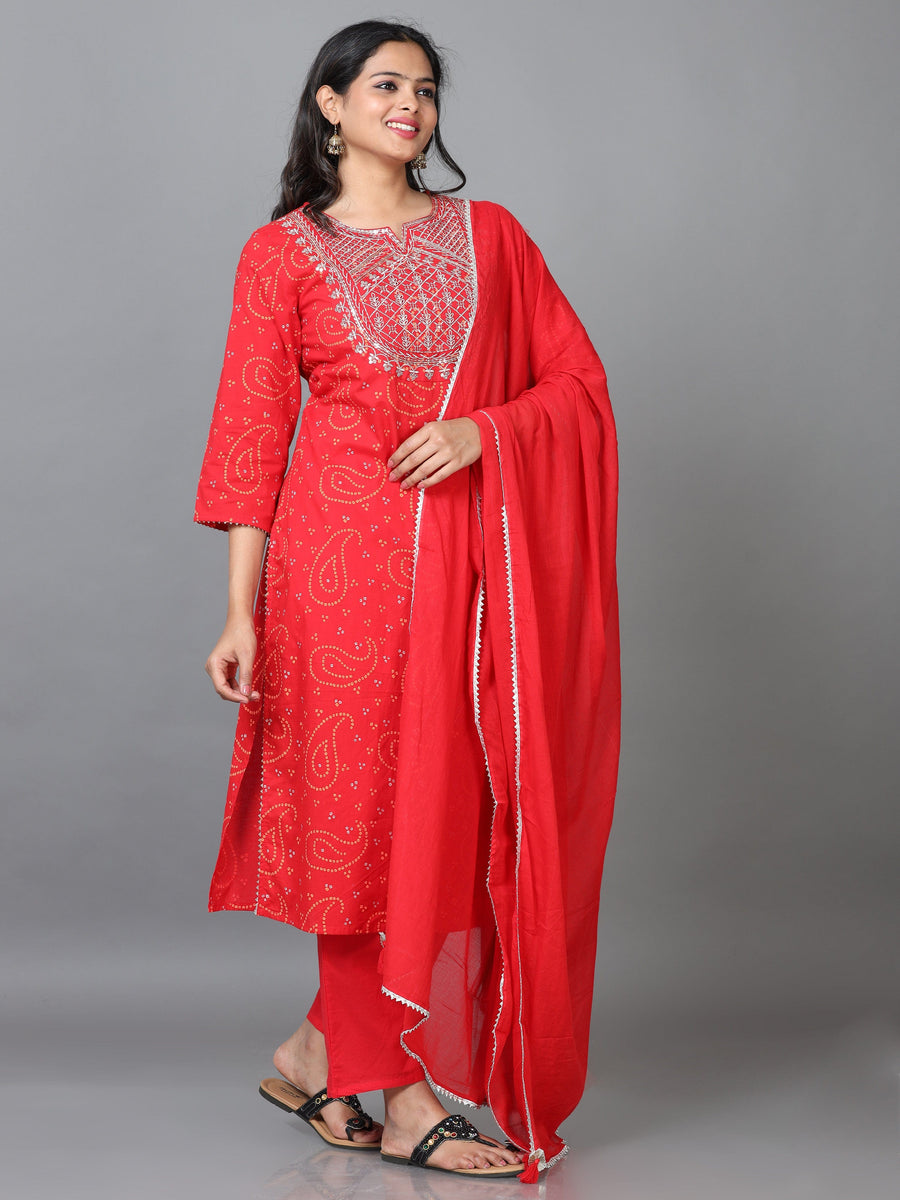 Red 3/4 Sleeve Cotton Printed Straight calf-long Salwar Suit