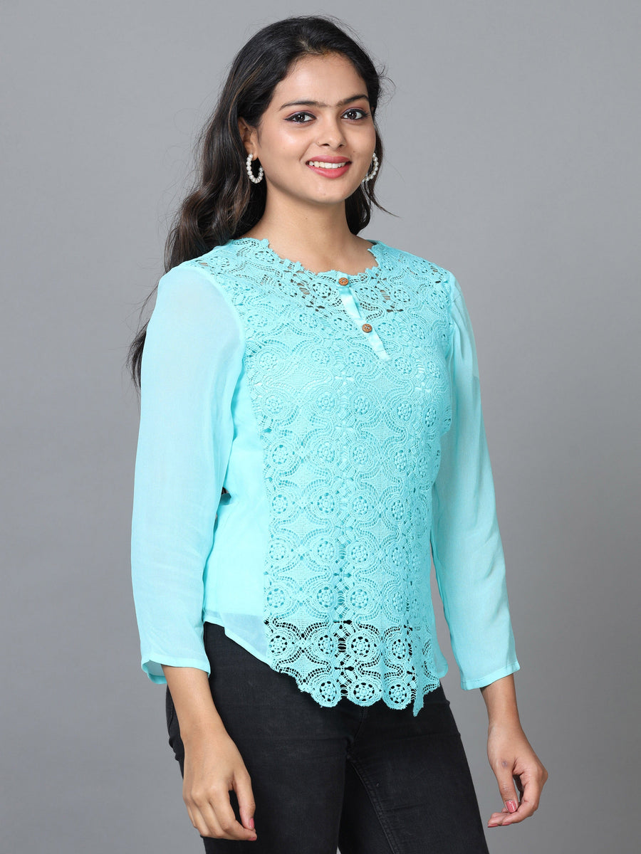 Sky Blue Long Sleeve Georgette Embroidered Western Standard Length Top