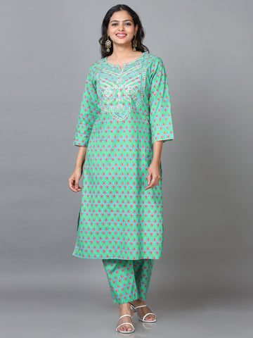 Green 3/4 Sleeve Cotton Printed Straight calf-long Kurta Set