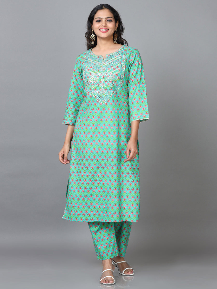 Green 3/4 Sleeve Cotton Printed Straight calf-long Kurta Set