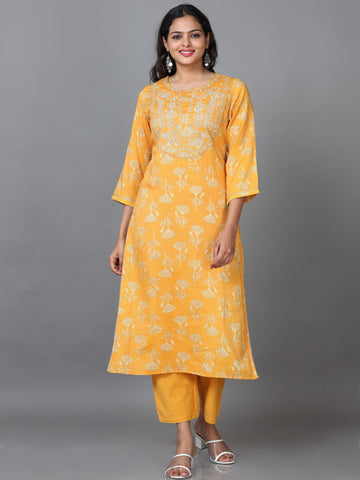 Yellow 3/4 Sleeve Rayon Printed Straight calf-long Salwar Suit