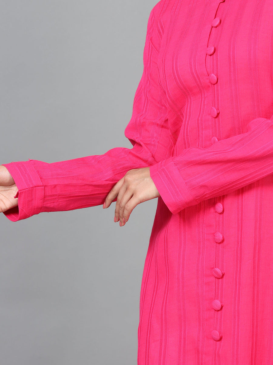 Pink Full Sleeve Cotton Solid Straight Calf Length Kurta