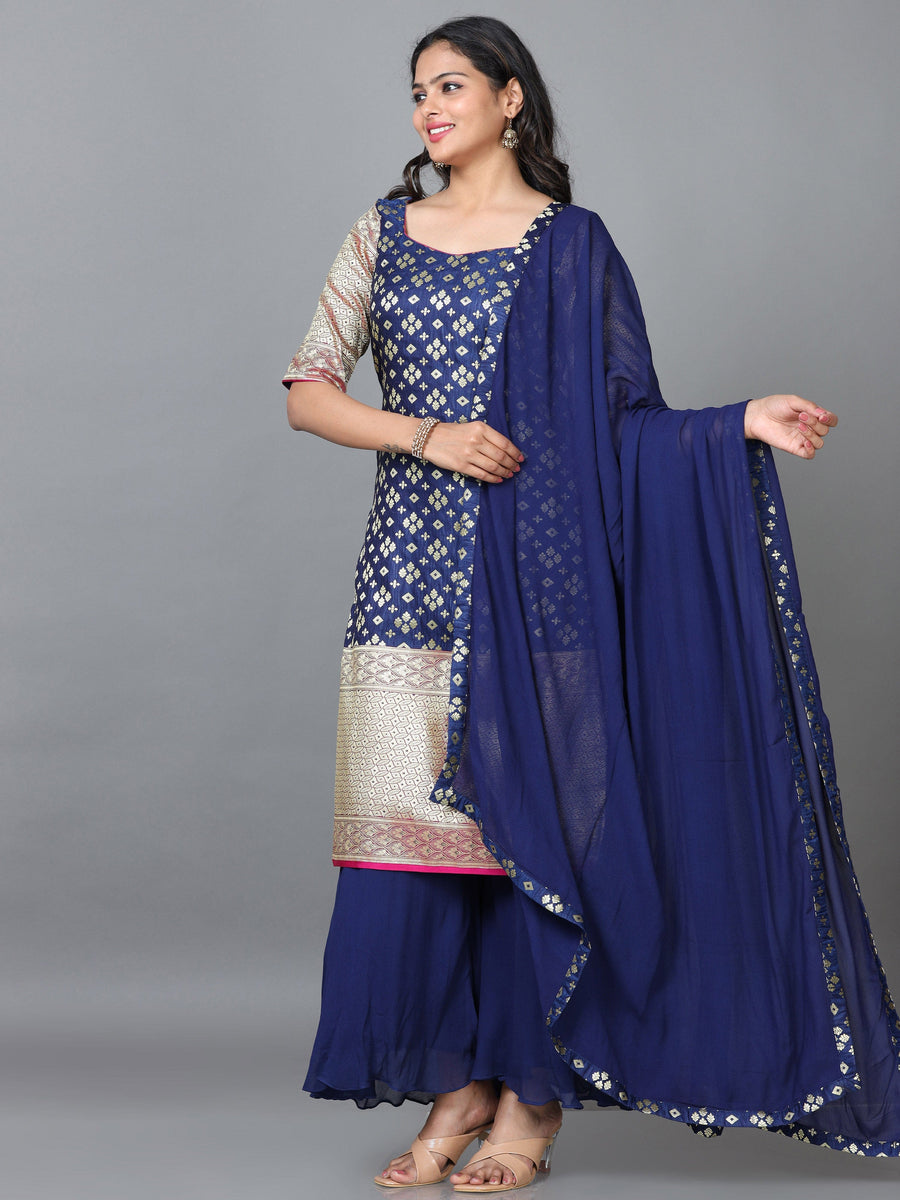 Navy Blue Half Sleeve Banaras Silk Printed Straight knee-long Salwar Suit