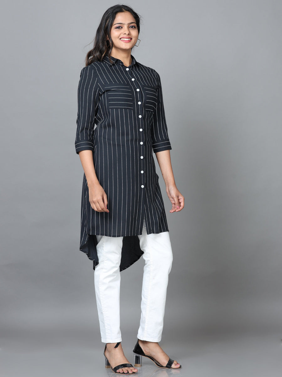 Black Half Sleeve Rayon Striped Western Long Length Shirt