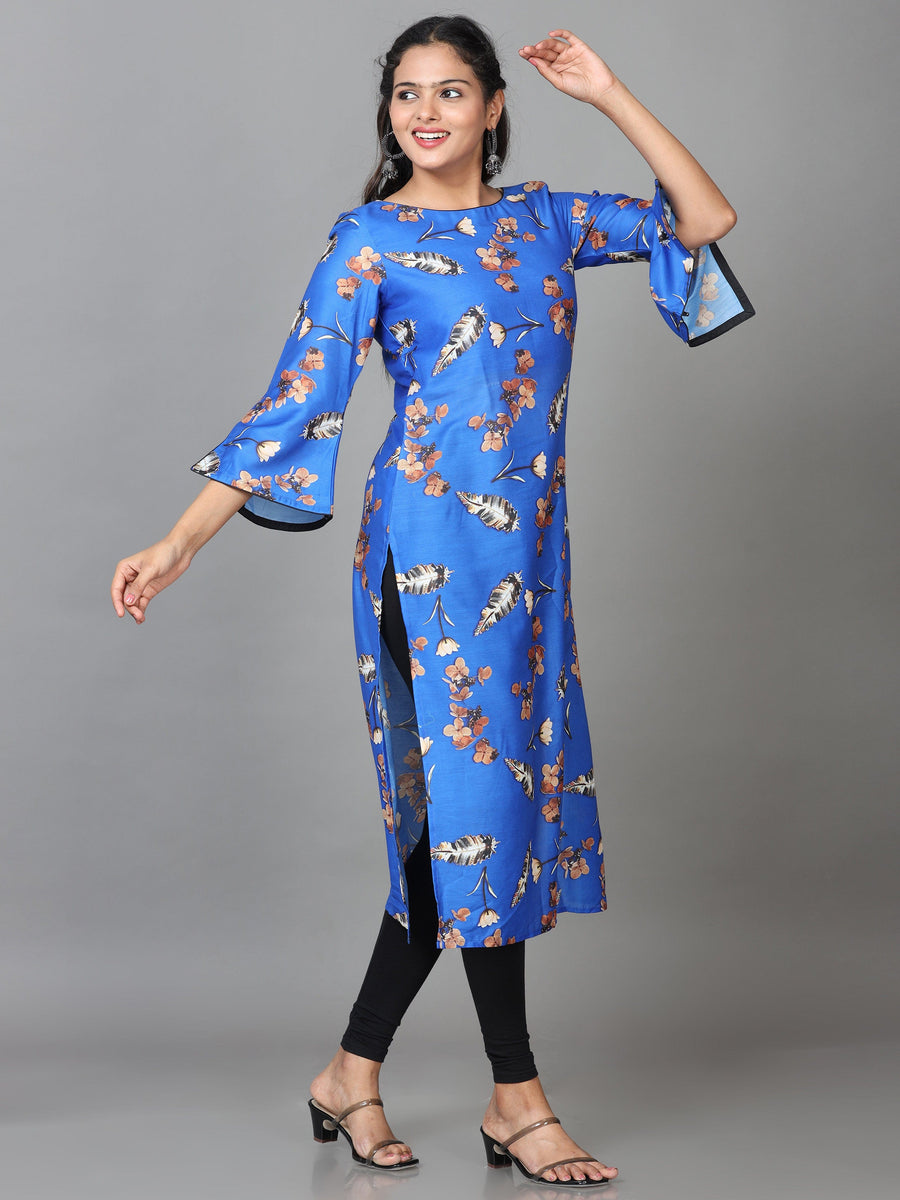 Blue 3/4 Sleeve Crepe Printed Straight Calf Length Kurta