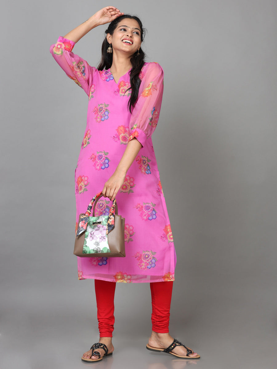 Pink 3/4 Sleeve Organza Printed Straight Calf Length Kurta