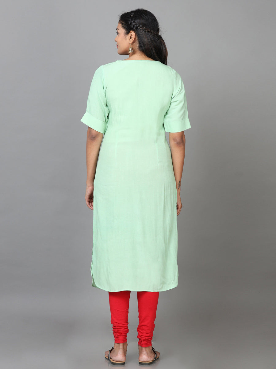 Green Elbow Length Sleeve Rayon Embroidered Straight Calf Length Kurta