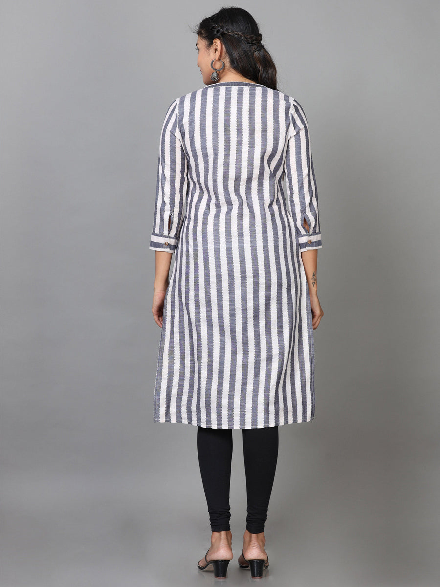 Grey 3/4 Sleeve Cotton Striped Straight Knee Length Kurta