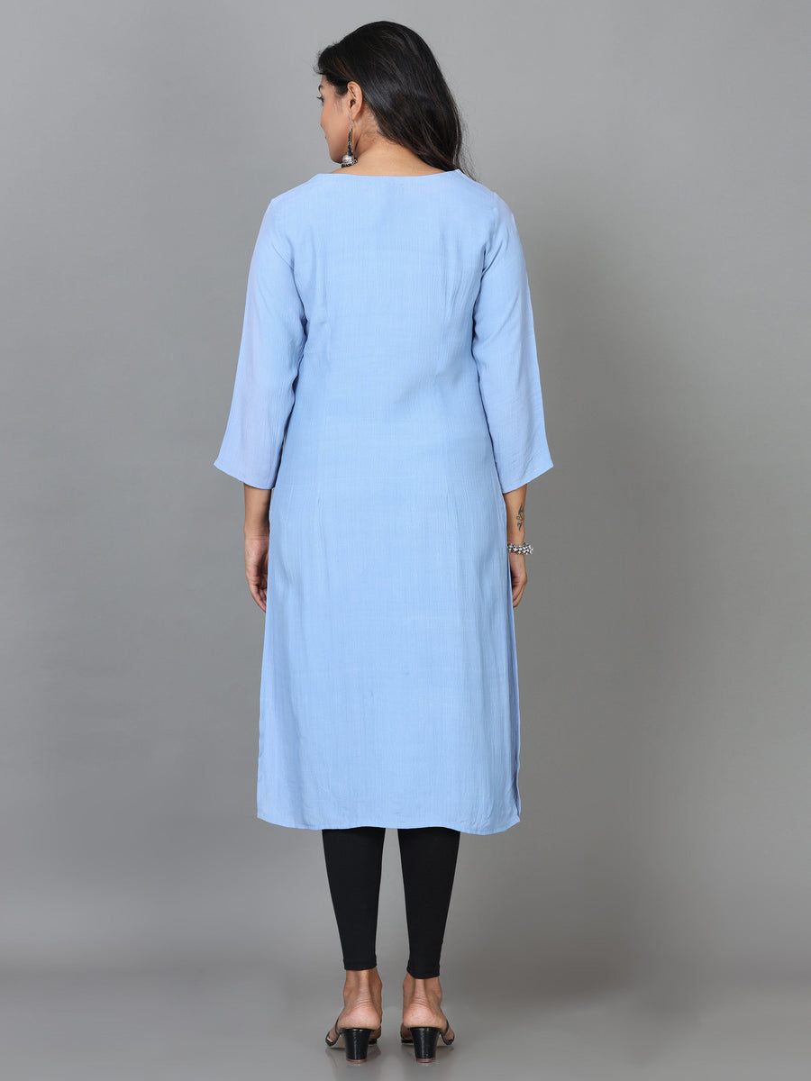 Blue 3/4 Sleeve Cotton Embroidered Straight Calf Length Kurta