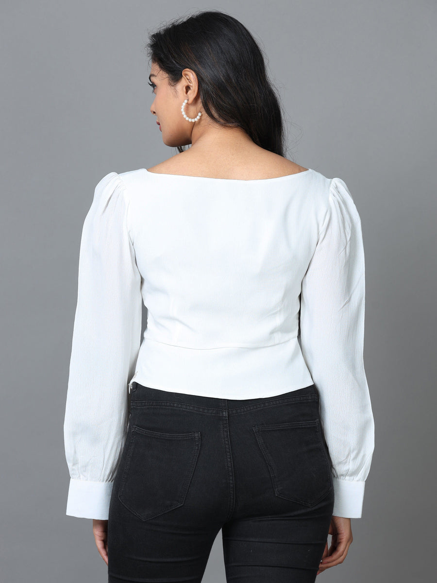 White Cuff Sleeve Georgette Solid Western Short Length Top