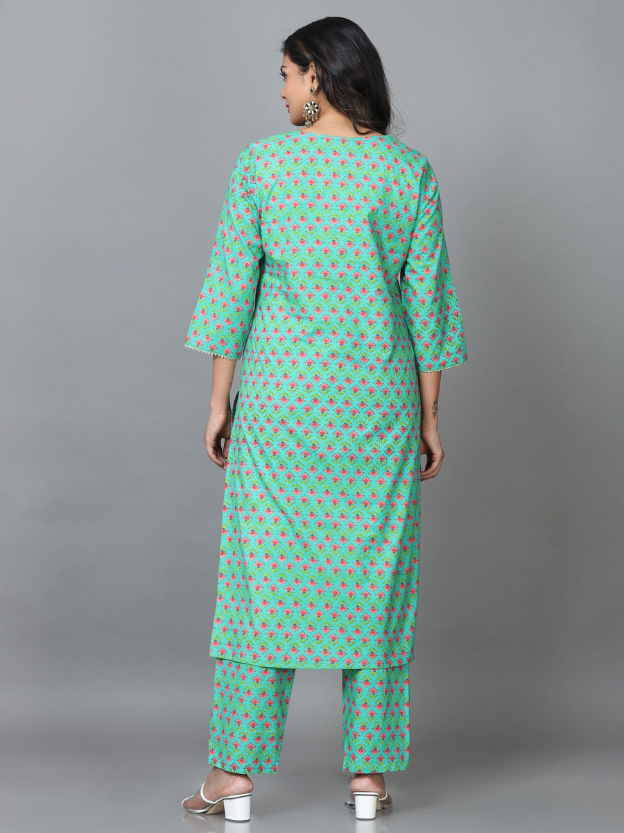 Green 3/4 Sleeve Cotton Printed Straight calf-long Kurta Set