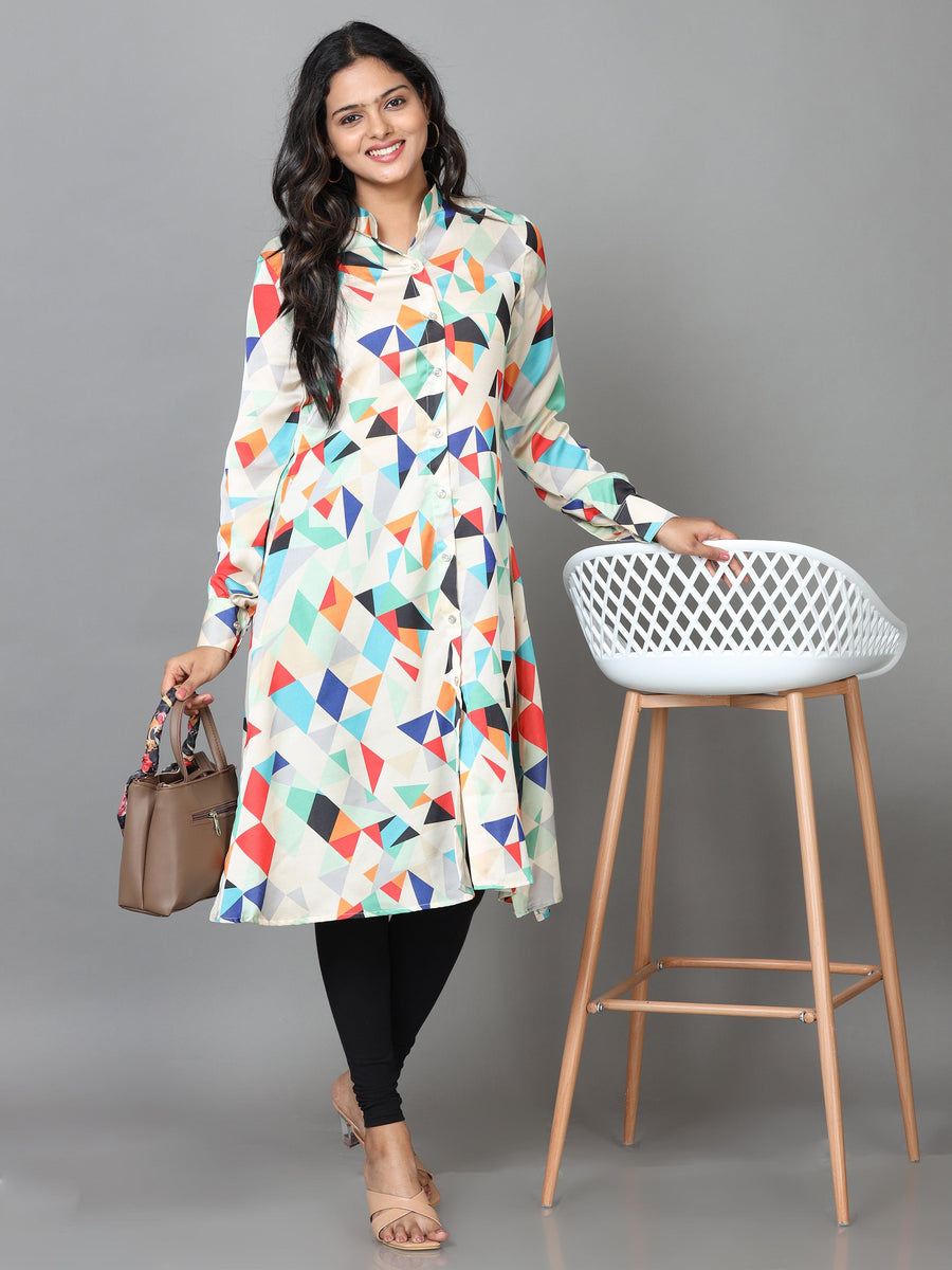 MultiColour Cuff Sleeve Crepe Colorblocks Western Long Length Shirt