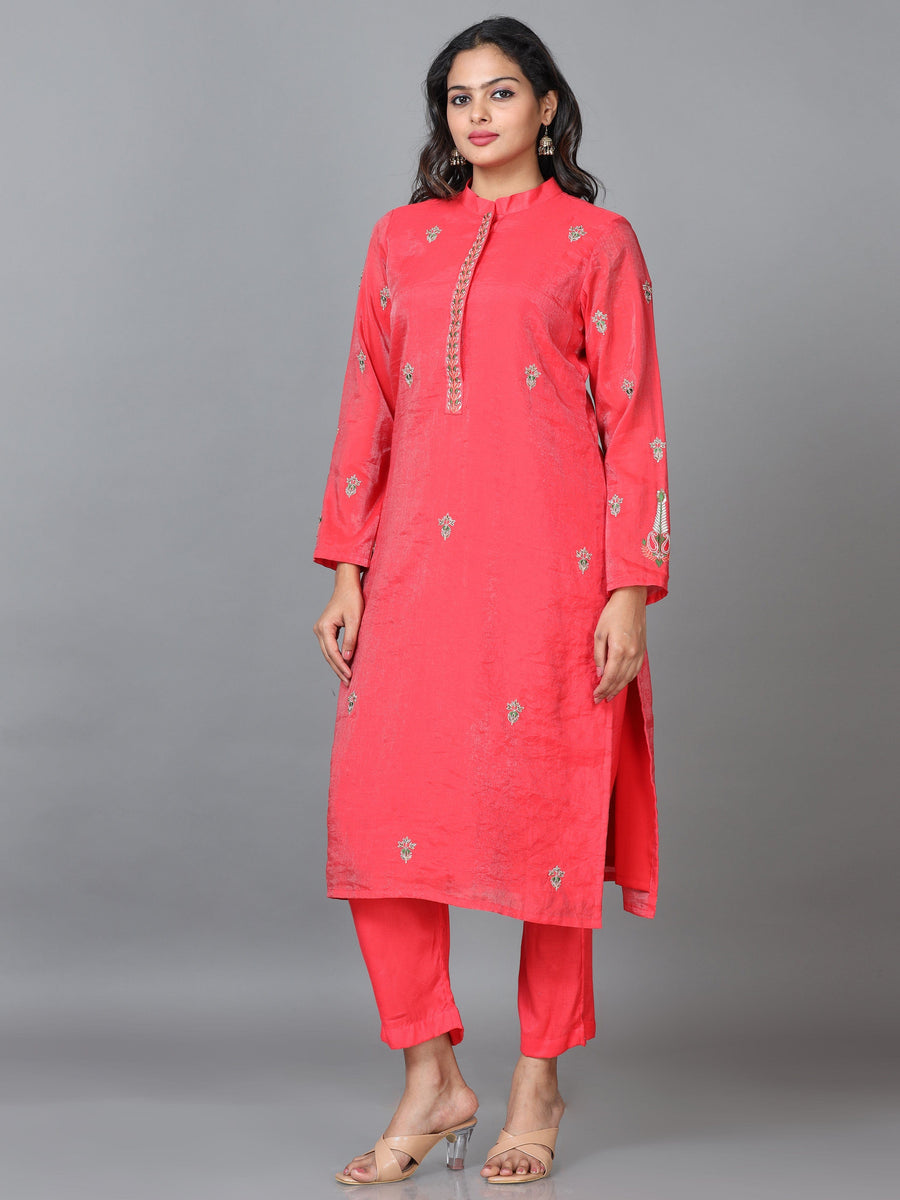 Red Full Sleeve Chanderi Embroidered Straight calf-long Salwar Suit