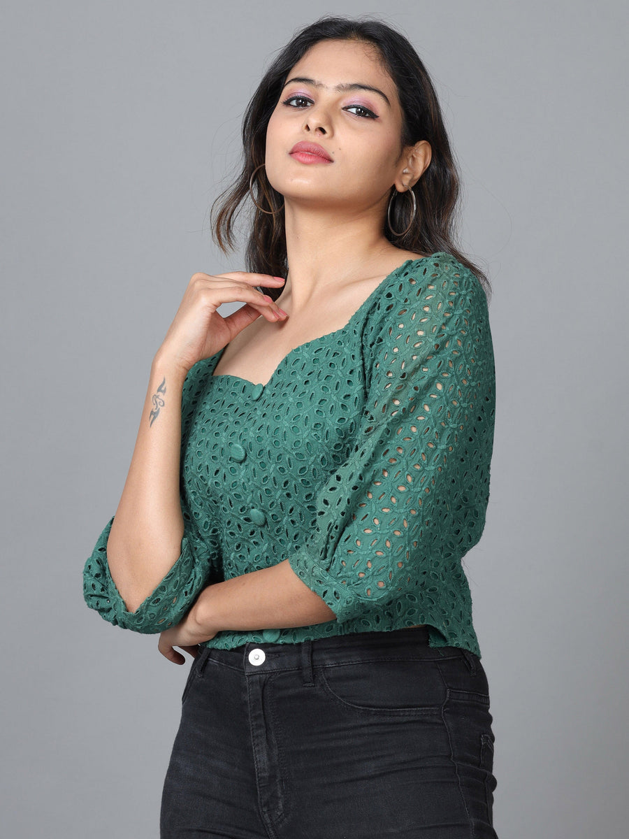 Green Half Sleeve Schiffli Embroidered Western Short Length Top