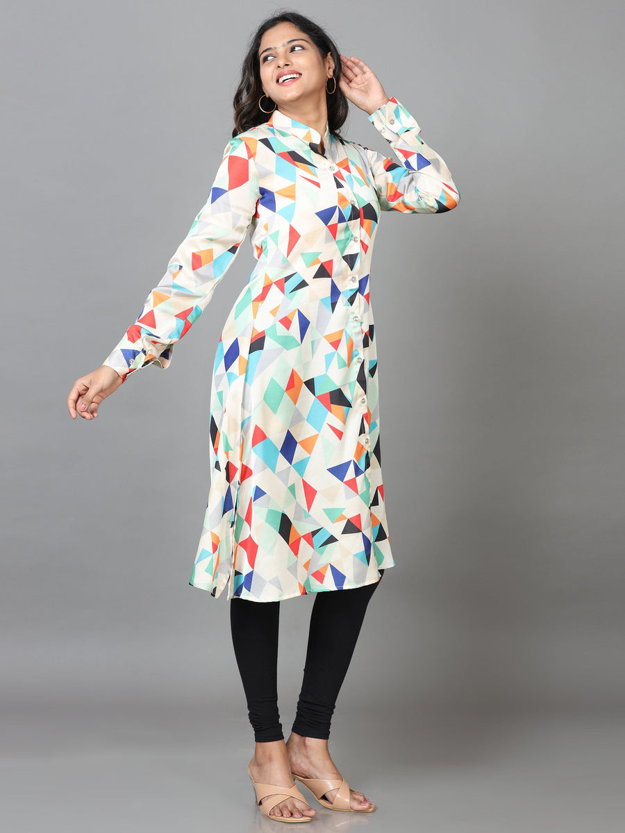 MultiColour Cuff Sleeve Crepe Colorblocks Western Long Length Shirt