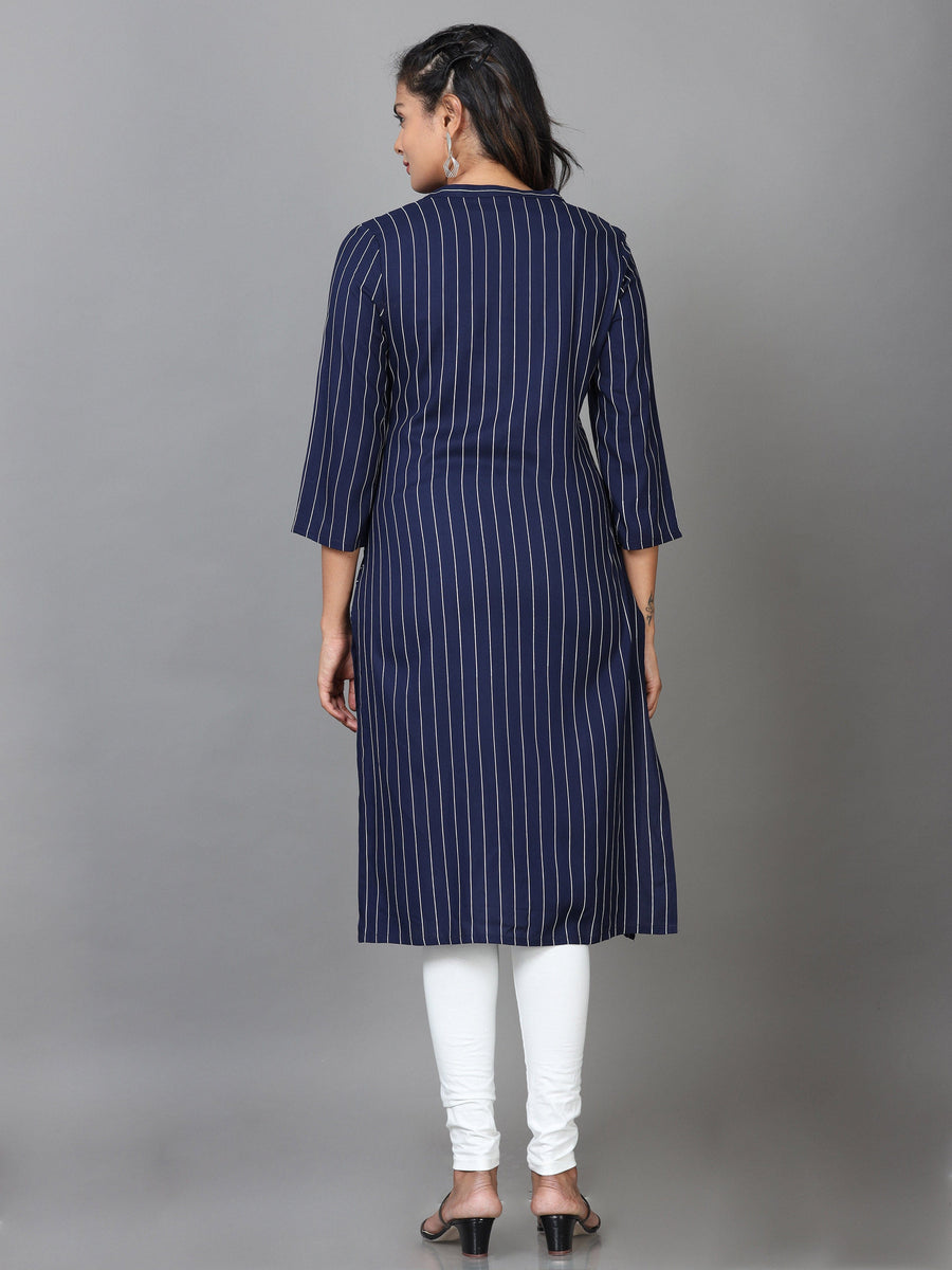 Navy 3/4 Sleeve Rayon Striped Straight Knee Length Kurta