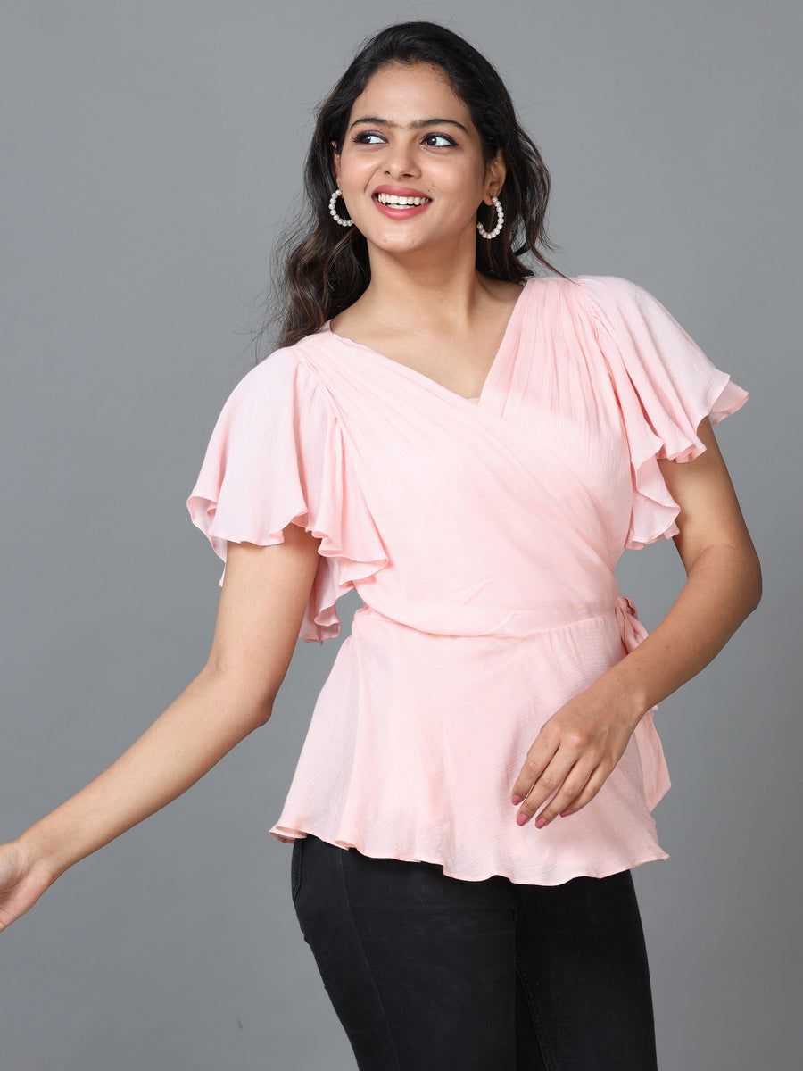 Peach Short Sleeve Cotton Solid Western Standard Length Top