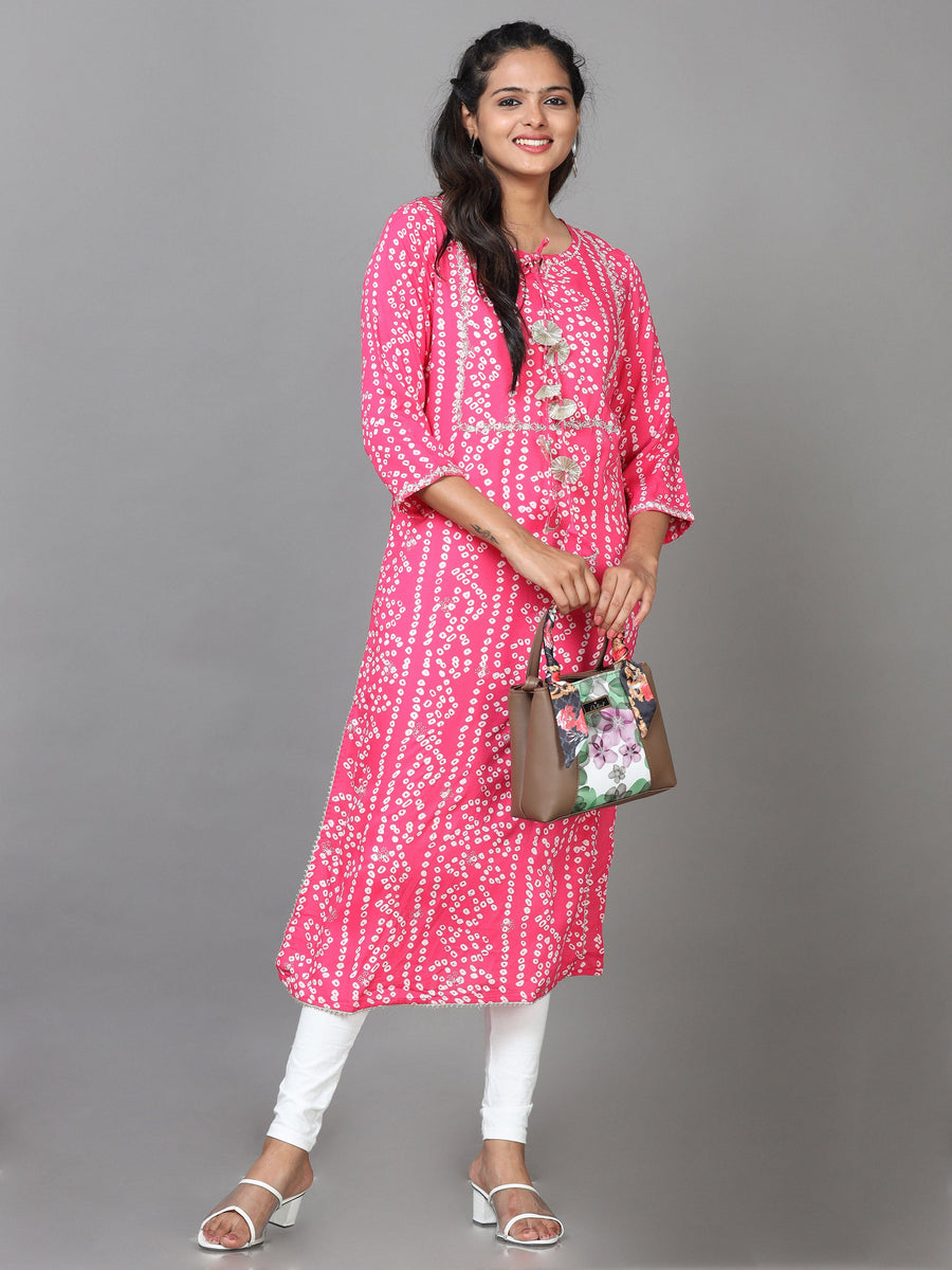 Pink 3/4 Sleeve Cotton Printed Straight Calf Length Kurta