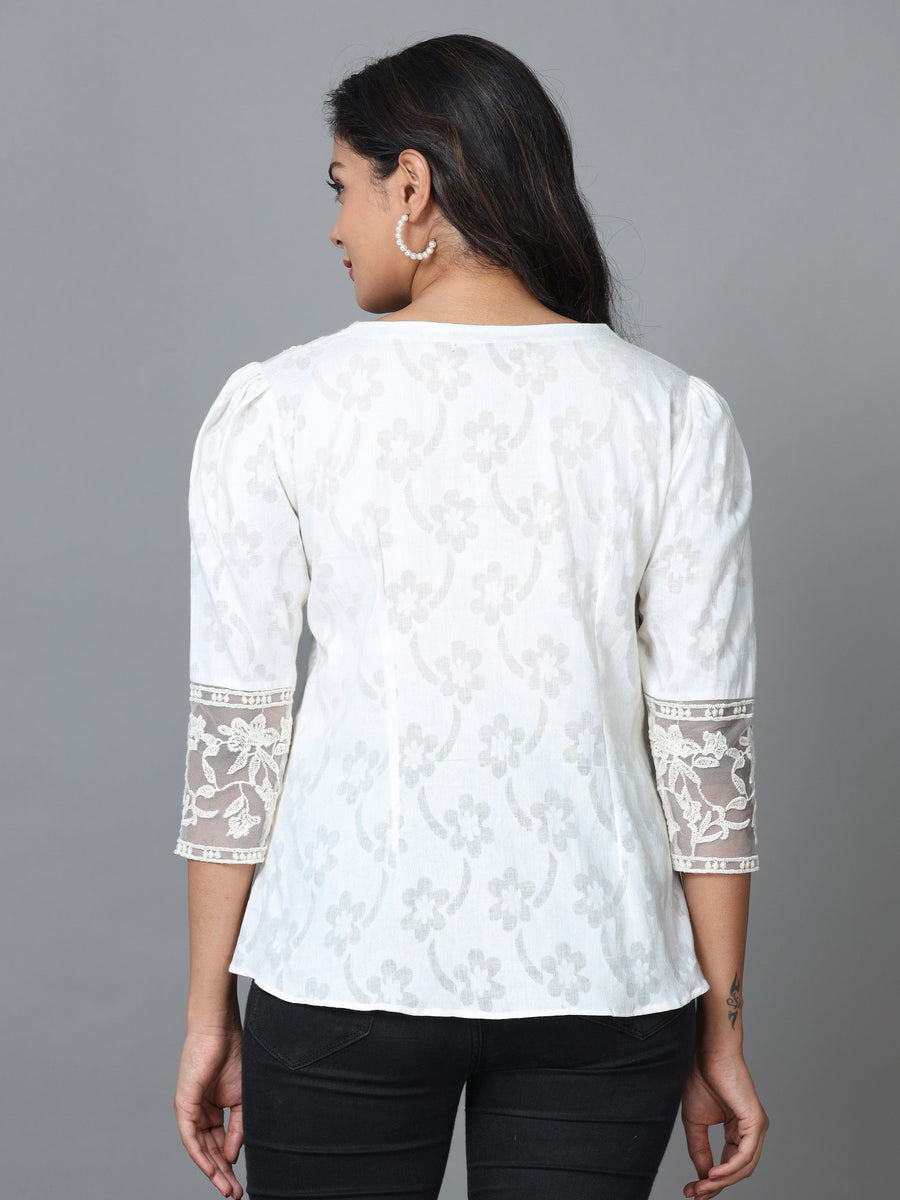 White 3/4 Sleeve Cotton Printed Western Standard Length Top