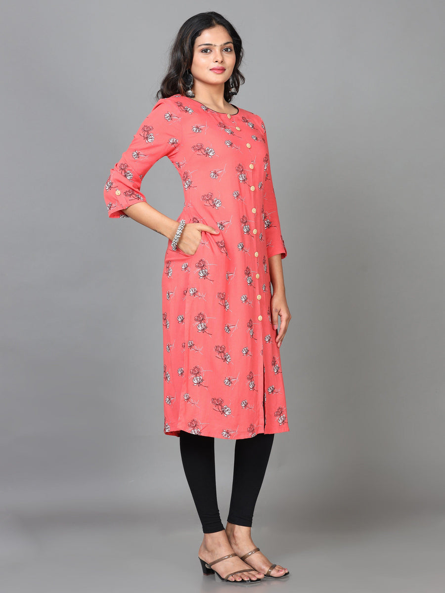 Red 3/4 Sleeve Viscose Printed Straight Knee Length Kurta