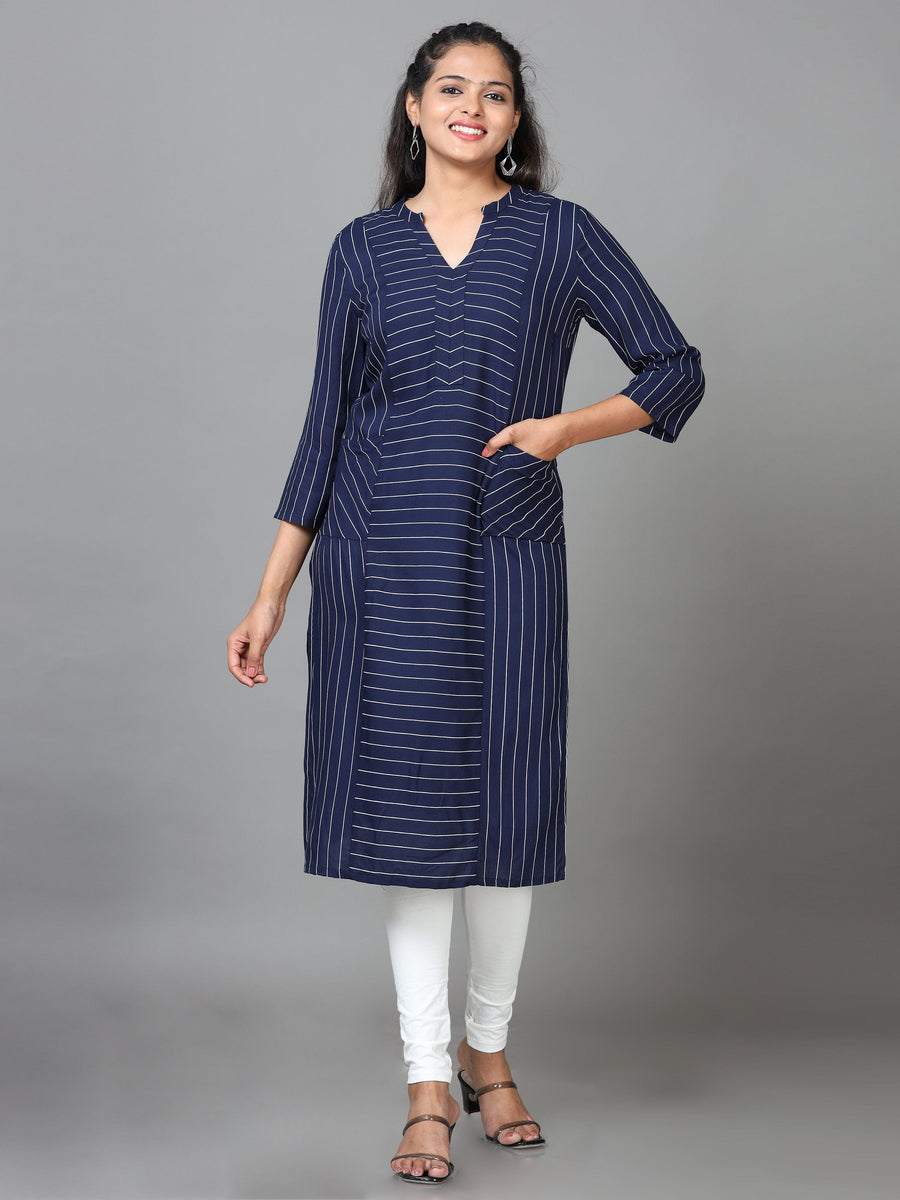 Navy 3/4 Sleeve Rayon Striped Straight Knee Length Kurta