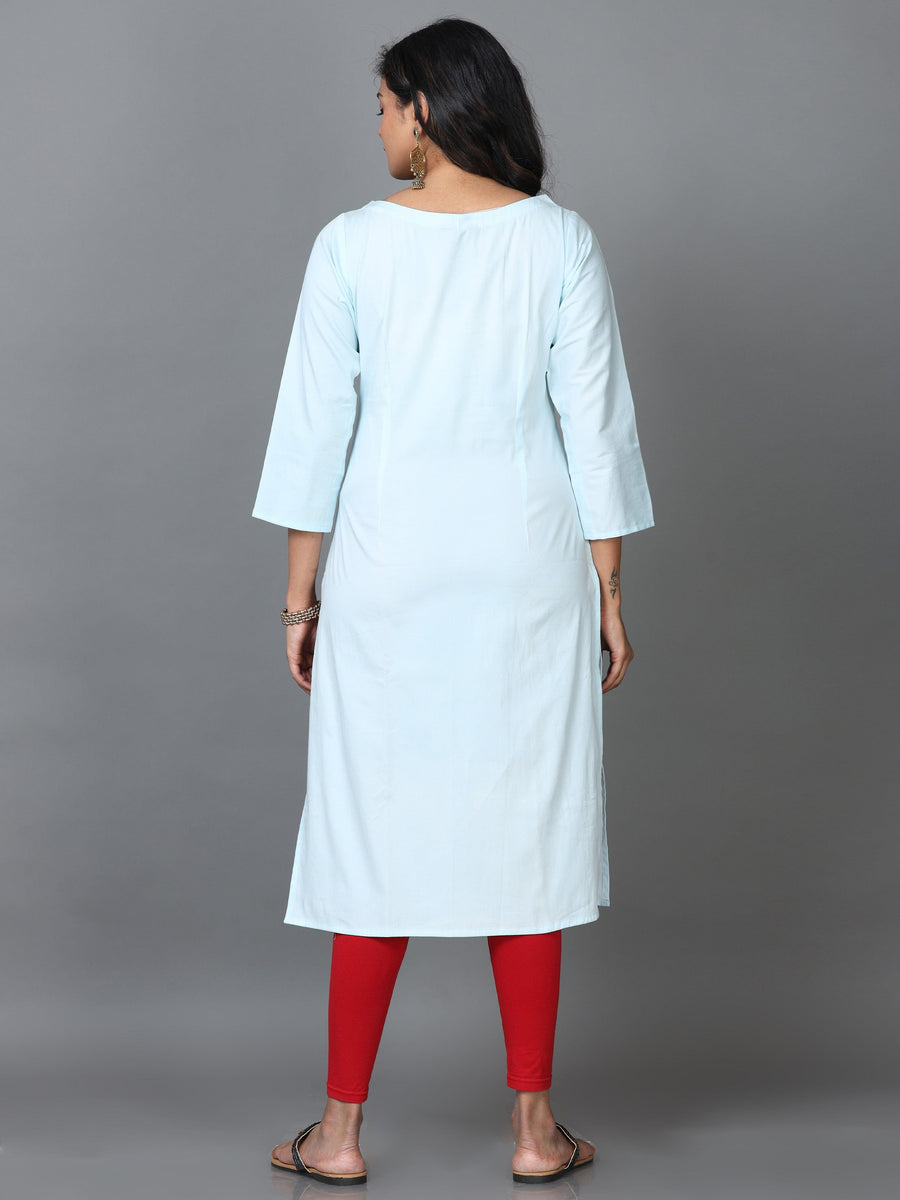 Sky Blue 3/4 Sleeve Cotton Solid Straight Calf Length Kurta