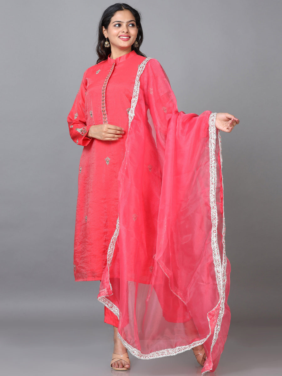 Red Full Sleeve Chanderi Embroidered Straight calf-long Salwar Suit