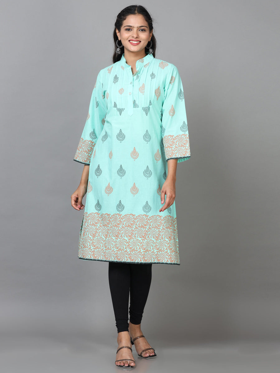 Light Green 3/4 Sleeve Cotton Printed Straight Knee Length Kurta