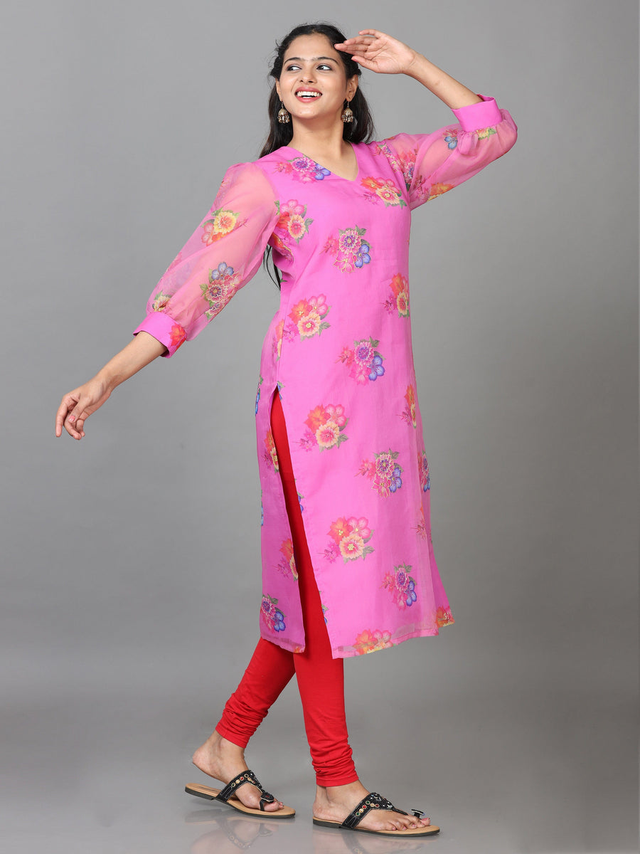 Pink 3/4 Sleeve Organza Printed Straight Calf Length Kurta