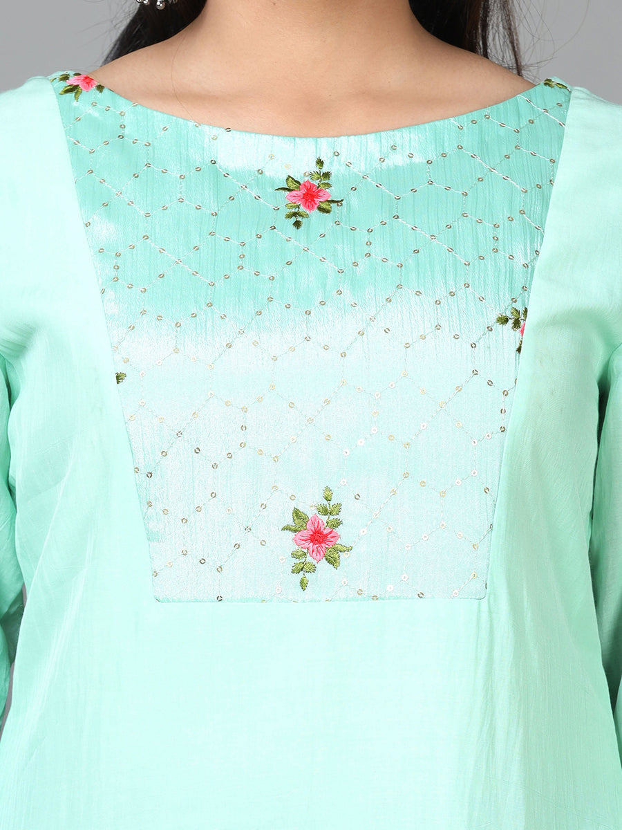 Mint Green 3/4 Sleeve Cotton Embroidered Straight Calf Length Kurta