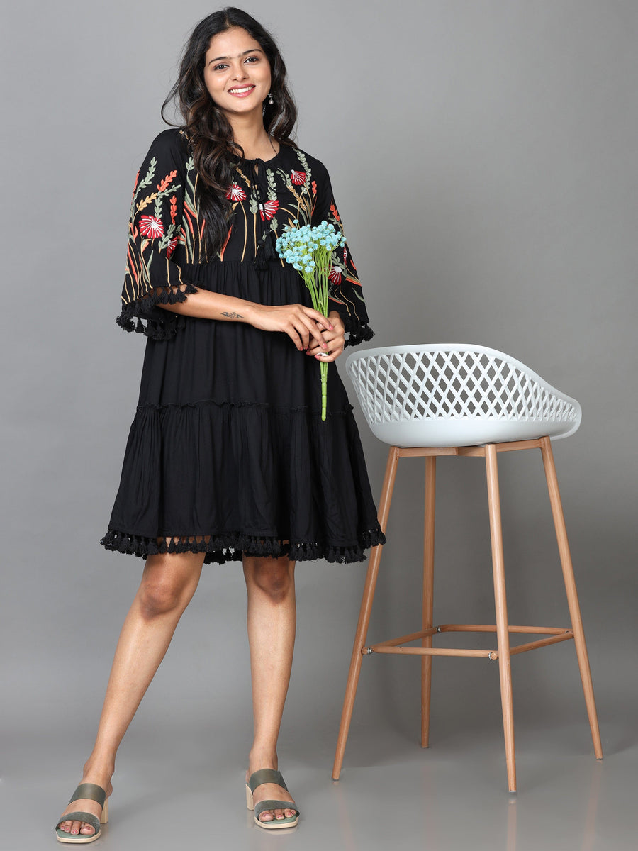 Black Half Sleeve Rayon Embroidered A-Line Mini Dress