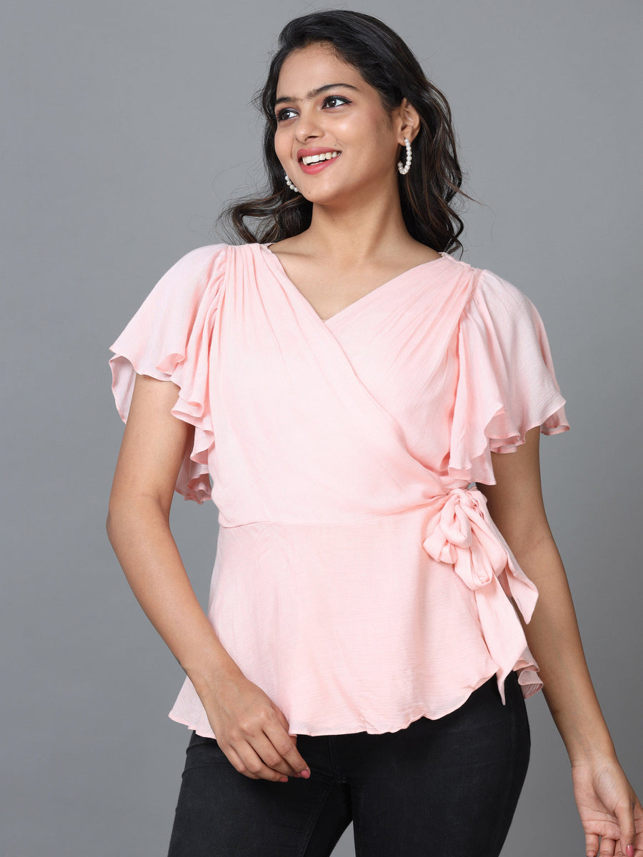 Peach Short Sleeve Cotton Solid Western Standard Length Top