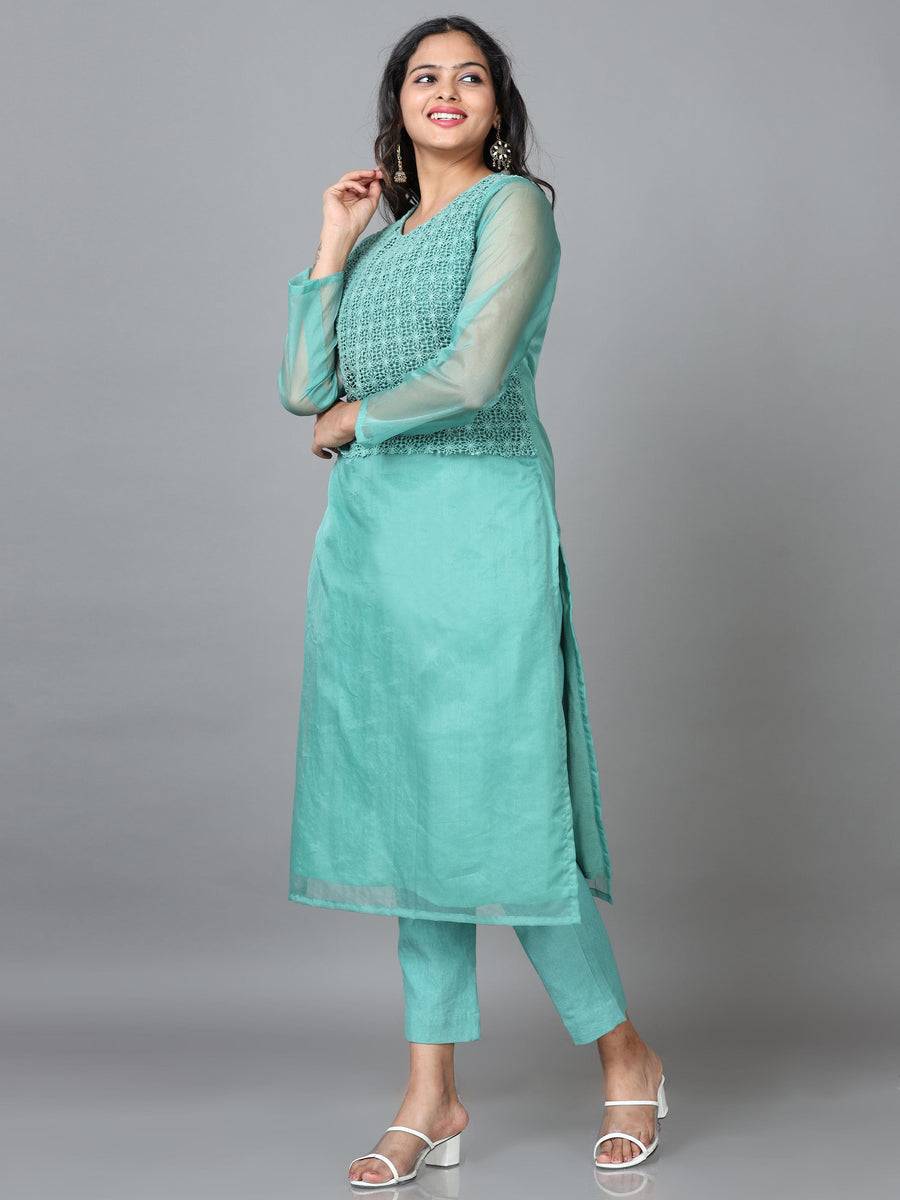 Green 3/4 Sleeve Organza Solid Straight calf-long Kurta Set