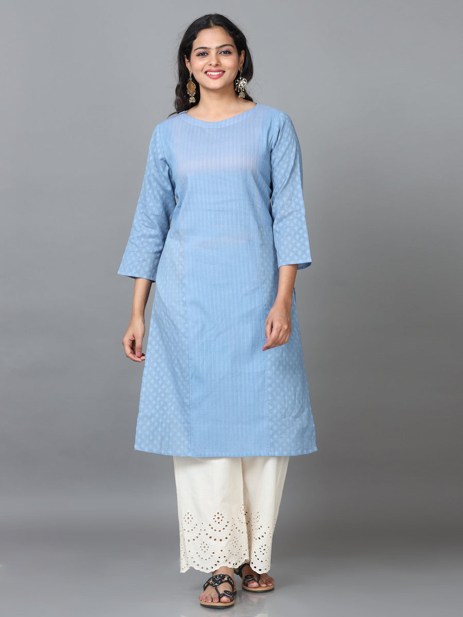 Light Blue 3/4 Sleeve Cotton Solid Straight calf-long Kurta Set