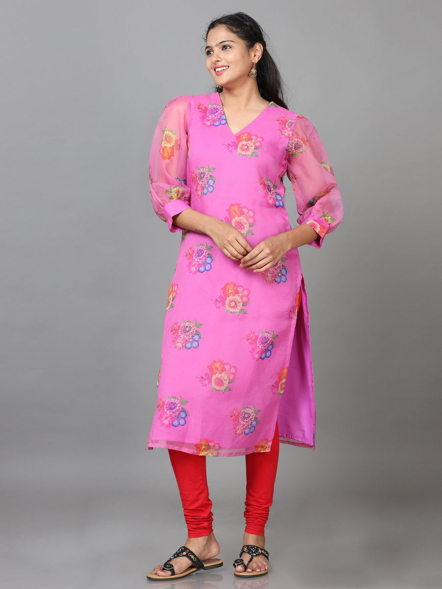 Pink 3/4 Sleeve Organza Printed Straight Calf Length Kurta