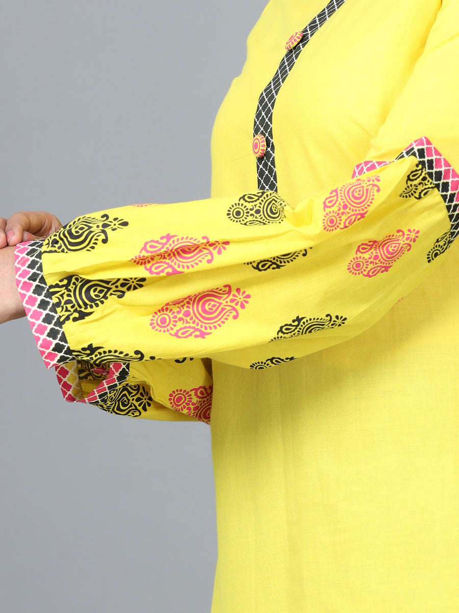 Yellow Full Sleeve Cotton Solid Straight Calf Length Kurta